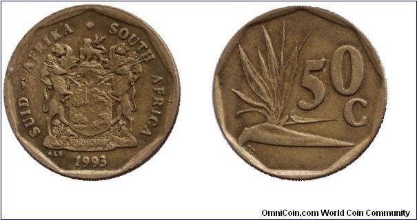 South Africa, 50 cents, 1993, Brass-Steel.                                                                                                                                                                                                                                                                                                                                                                                                                                                                          