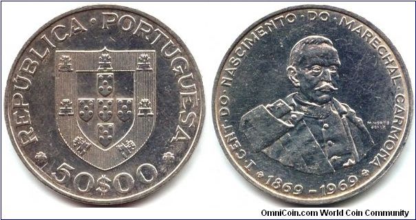 Portugal, 50 escudos 1969. 100th Anniversary - Birth of President Antonio Oscar Carmona.