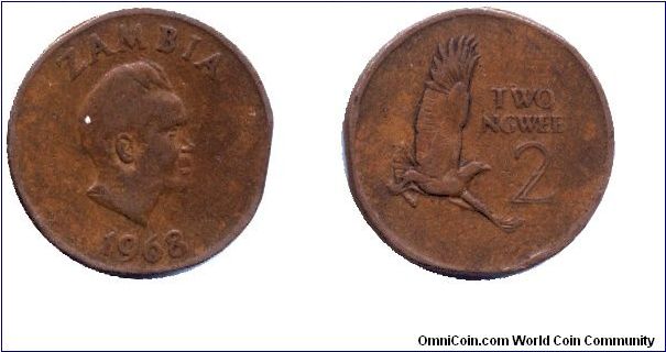 Zambia, 2 ngwee, 1968, Bronze, Martial Eagle, President K. D. Kaunda.                                                                                                                                                                                                                                                                                                                                                                                                                                               