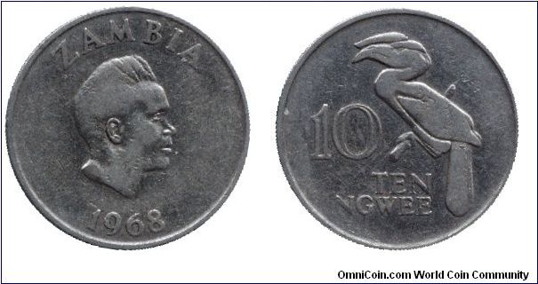 Zambia, 10 ngwee, 1968, Bronze, Crowned Hornbill, President K. D. Kaunda                                                                                                                                                                                                                                                                                                                                                                                                                                            