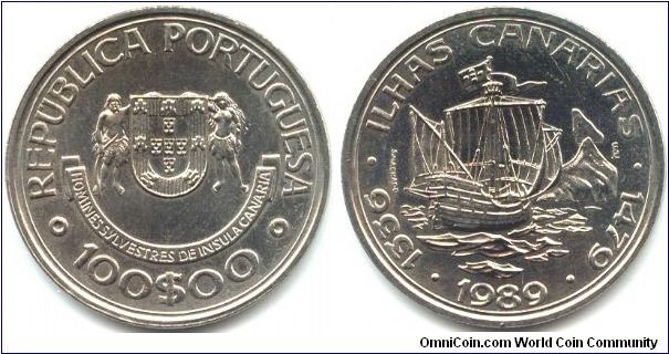 Portugal, 100 escudos 1989.
Golden Age of Portuguese Discoveries (II series).
Discovery of the Canary Islands.