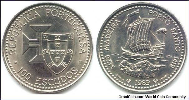 Portugal, 100 escudos 1989.
Golden Age of Portuguese Discoveries (II series).
Discovery of Madeira.