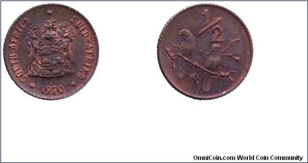 South Africa, 1/2 cents, 1970, Bronze, two sparrows.                                                                                                                                                                                                                                                                                                                                                                                                                                                                