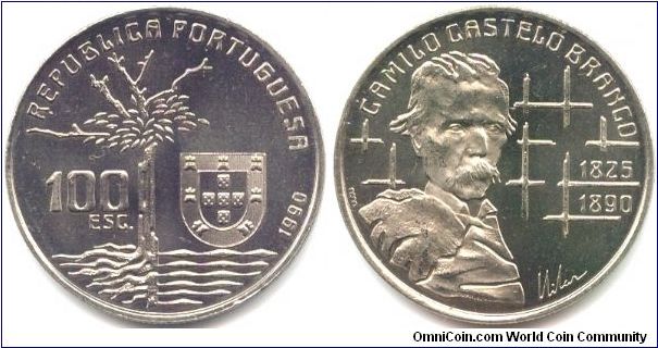 Portugal, 100 escudos 1990.
100th Anniversary - Dearh of Camilo Castelo Branco.