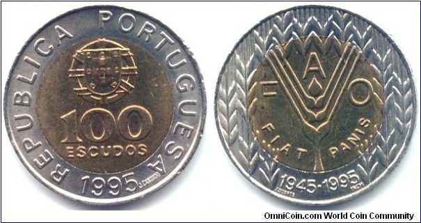 Portugal, 100 escudos 1995.
50th Anniversary - F.A.O.