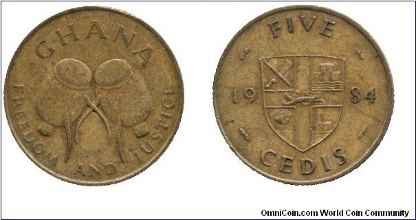 Ghana, 5 cedis, 1984, Brass, tam-tam drum.                                                                                                                                                                                                                                                                                                                                                                                                                                                                          