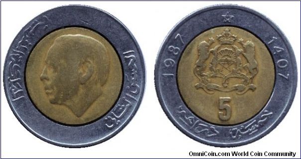 Morocco, 5 dirham, 1987, Steel-Al-Bronze,   King Al-Hasan II, AH1407, bimetallic.                                                                                                                                                                                                                                                                                                                                                                                                                                   