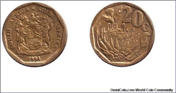 South Africa, 20 cents, 1994, Protea Cynaroids.                                                                                                                                                                                                                                                                                                                                                                                                                                                                     
