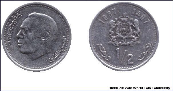 Morocco, 1/2 dirham, 1987, Cu-Ni, King Al-Hasan II.                                                                                                                                                                                                                                                                                                                                                                                                                                                                 