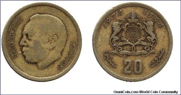 Morocco, 20 santim, 1974, Brass, King Al-Hasan II.                                                                                                                                                                                                                                                                                                                                                                                                                                                                  