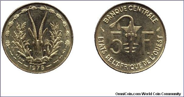 West African States, 5  franc, 1975, Al-Bronze, Gazelle.                                                                                                                                                                                                                                                                                                                                                                                                                                                            