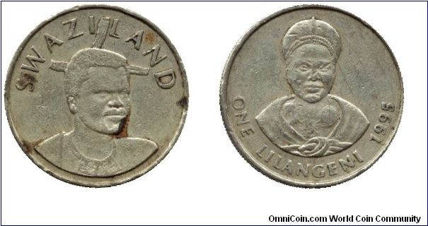 Swaziland, 1 lilangeni, 1995, Ni-Brass, Mother of the King, King Msawati III.                                                                                                                                                                                                                                                                                                                                                                                                                                       