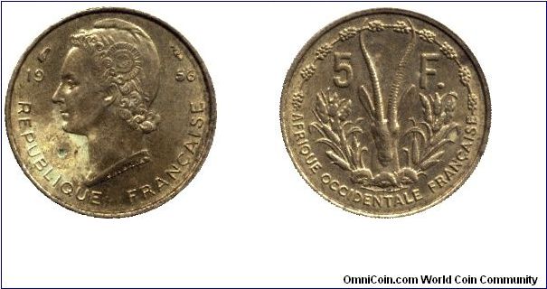 French West Africa, 5 francs, 1956, Al-Bronze, Gazelle.                                                                                                                                                                                                                                                                                                                                                                                                                                                             