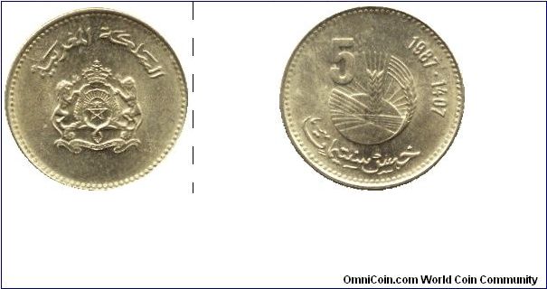 Morocco, 5 santim, 1987, Brass, FAO.                                                                                                                                                                                                                                                                                                                                                                                                                                                                                