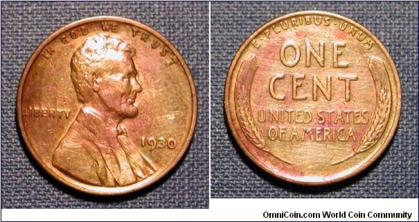 1930 Lincoln Wheat Cent, Red Toned.