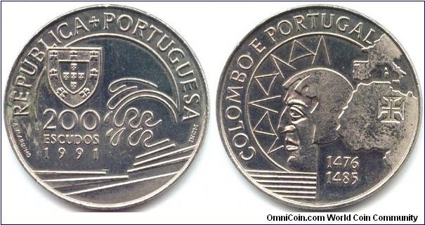 Portugal, 200 escudos 1991.
Golden Age of Portuguese Discoveries (III series).
Columbus and Portugal.