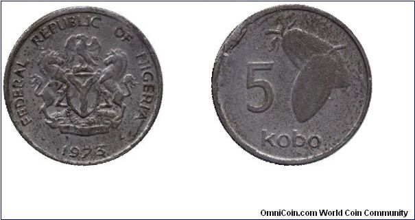 Nigeria, 5 kobo, 1973, Cu-Ni, Cocoa bean.                                                                                                                                                                                                                                                                                                                                                                                                                                                                           