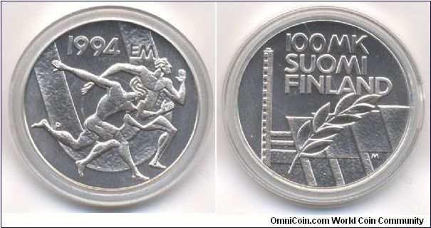 100 markkaa commemorating the European Championships in Athletics held in Helsinki. Designed by Reijo Paavilainen.