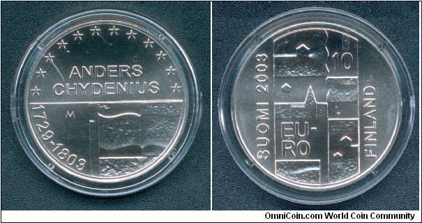 10 euro commemorating 200 years since the death of Anders Chydenius. Designed by Tero Lounas.