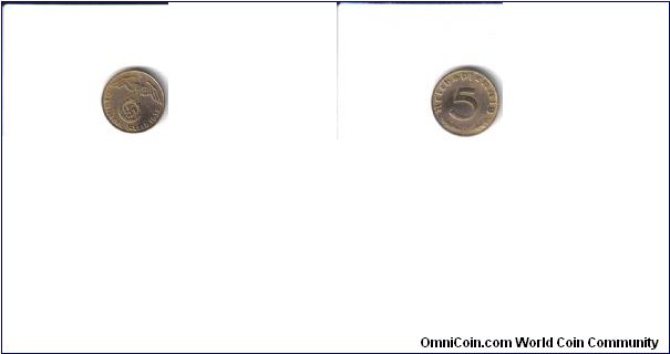 Bronze with Eagle and Swastika.  Has mint stamp F below the 5, between the leaves on back of coin.
