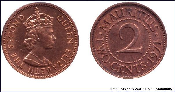 Mauritius, 2 cents, 1971, Bronze, Elizabeth II.                                                                                                                                                                                                                                                                                                                                                                                                                                                                     