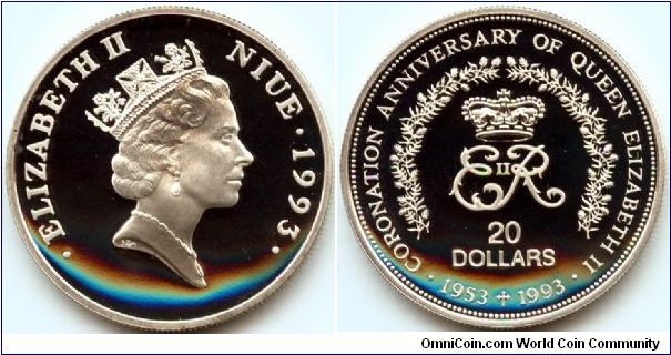Niue, 20 dollars 1993.
40th Anniversary - Coronation of Queen Elizabeth II.