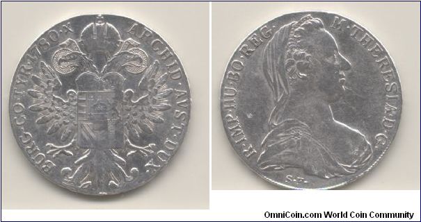 1 thaler, ano 1780 (restrike)-
28 gramas - Imperatriz Maria Theresa