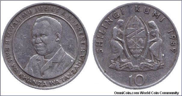 Tanzania, 10 shilingi, 1989, Cu-Ni, President Mwalimu Julius K. Nyerere.                                                                                                                                                                                                                                                                                                                                                                                                                                            