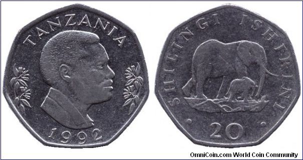 Tanzania, 20 shilingi, 1992, Ni-Steel, Elephants,  President Ali Hassan Mwinyi.                                                                                                                                                                                                                                                                                                                                                                                                                                     