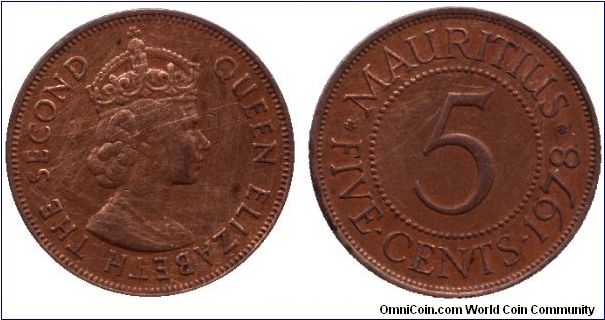 Mauritius, 5 cents, 1978, Bronze, Elizabeth II.                                                                                                                                                                                                                                                                                                                                                                                                                                                                     