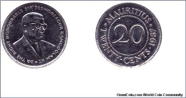 Mauritius, 20 cents, 1987, Ni-Steel, President Dr the Right Honourable Sir Seewoosagur Ramgoolam Kt.                                                                                                                                                                                                                                                                                                                                                                                                                