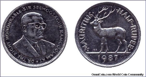 Mauritius, 1/2 rupee, 1987, Ni-Steel, Deer, President Dr the Right Honourable Sir Seewoosagur Ramgoolam Kt.                                                                                                                                                                                                                                                                                                                                                                                                         