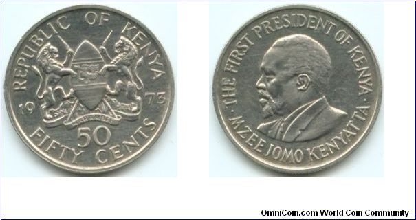 Kenya, 50 cents 1973.
President Mzee Jomo Kenyatta.