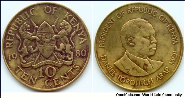 Kenya, 10 cents 1980.
President Daniel Toroitich Arap Moi.