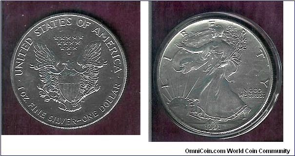 ONE SILVER(.999)DOLLAR 1 Oz. - 1991 UNC