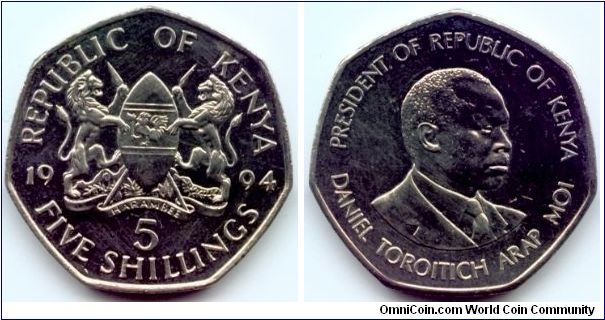 Kenya, 5 shillings 1994.
President Daniel Toroitich Arap Moi.