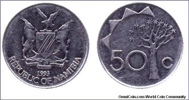 Namibia, 50 cents, 1993, Ni-Steel.                                                                                                                                                                                                                                                                                                                                                                                                                                                                                  