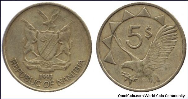 Namibia, 5 dollars, 1993, Brass, Flying eagle.                                                                                                                                                                                                                                                                                                                                                                                                                                                                      