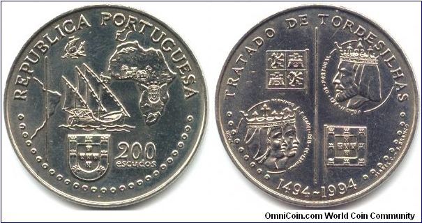 Portugal, 200 escudos 1994. Golden Age of Portuguese Discoveries (V series).
500th Anniversary - Treaty of Tordesilhas.
Joao II - King of Portugal, Ferdinand II and Isabel I - King and Queen of Spain.
