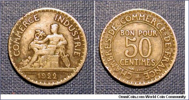 1922 France Chamber of Commerce 50 Centimes