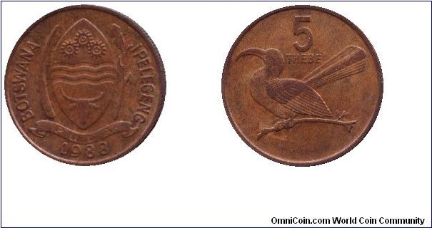 Botswana, 5 thebe, 1988, Bronze, Toko Bird.                                                                                                                                                                                                                                                                                                                                                                                                                                                                         