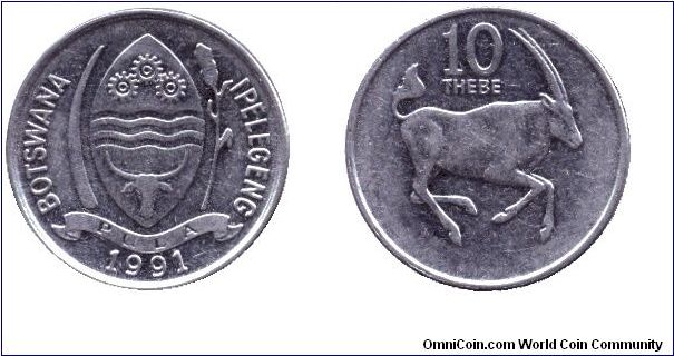 Botswana, 10 thebe, 1991, Cu-Ni, South African Oryx.                                                                                                                                                                                                                                                                                                                                                                                                                                                                