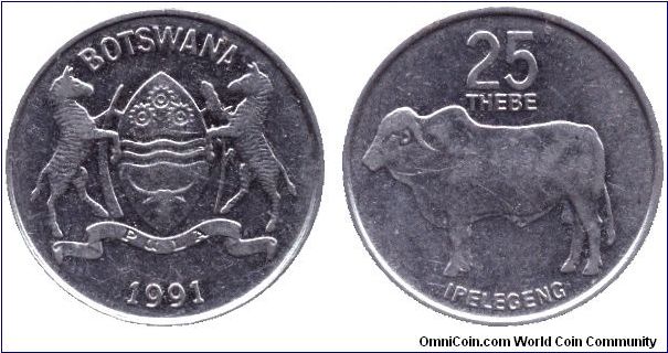 Botswana, 25 thebe, 1991, Cu-Ni, Zebu                                                                                                                                                                                                                                                                                                                                                                                                                                                                               