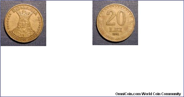 1992 Romania 20 Lei, Bust of King Stefan Cel Mare