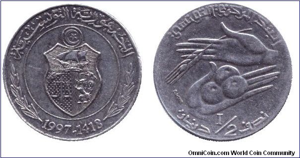 Tunisia, 1/2 dinar, 1997, FAO, Coat of Arms.                                                                                                                                                                                                                                                                                                                                                                                                                                                                        