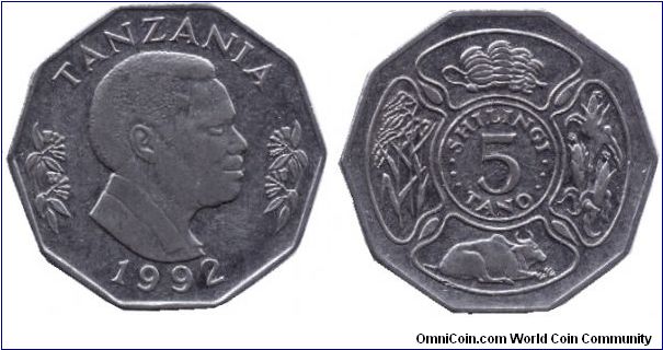 Tanzania, 5 shilingi, 1992, Ni-Steel, FAO, President Ali Hassan Mwinyi.                                                                                                                                                                                                                                                                                                                                                                                                                                             