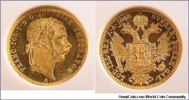 1868-A Austrian gold ducat MS64 PL