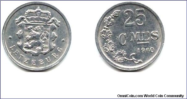 Luxembourg, 25 centimes 1960.