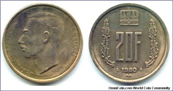 Luxembourg, 20 francs 1980.
Grand Duke Jean.