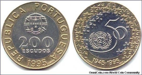 Portugal, 200 escudos 1995.
50th Anniversary - United Nations.
